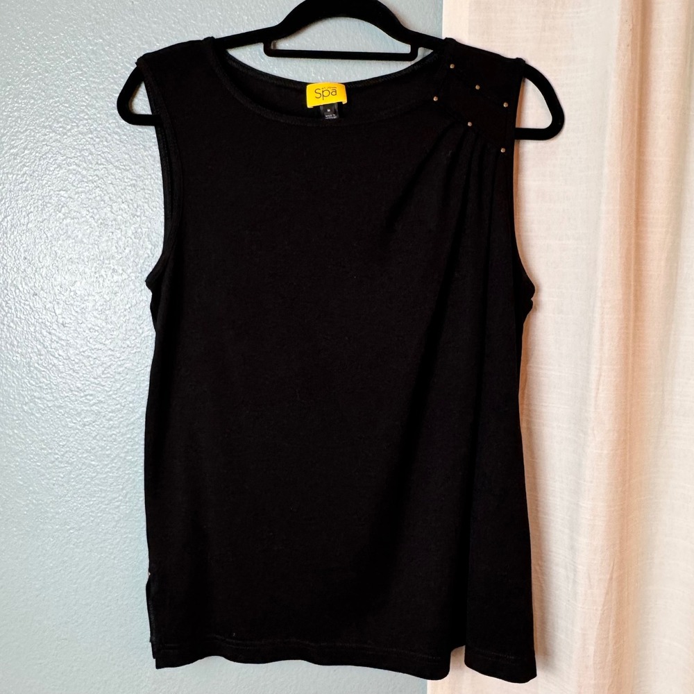 St. John Spa Sleeveless Top Women Size M Black Excellent Studded Pleated Tank